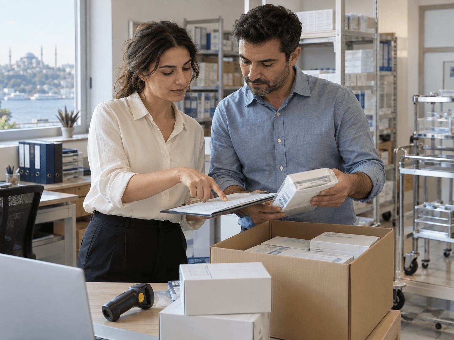Staff checking packed medical supplies against a list before shipment