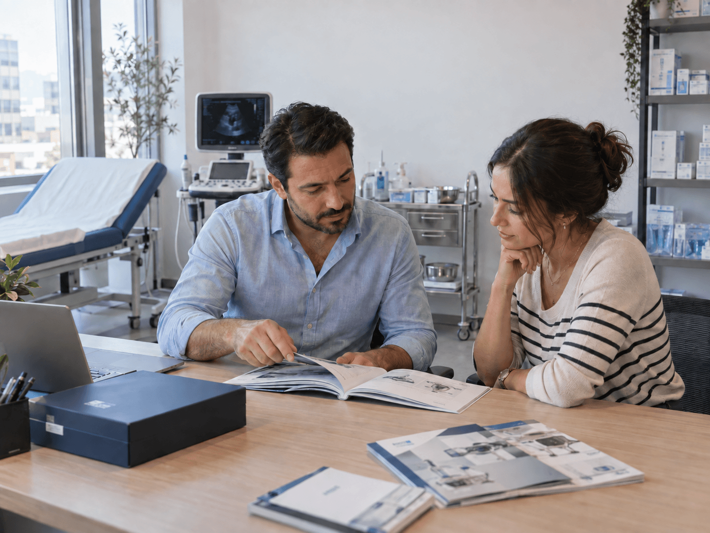 A colleague and a visitor reviewing a medical equipment catalogue in a clinic showroom