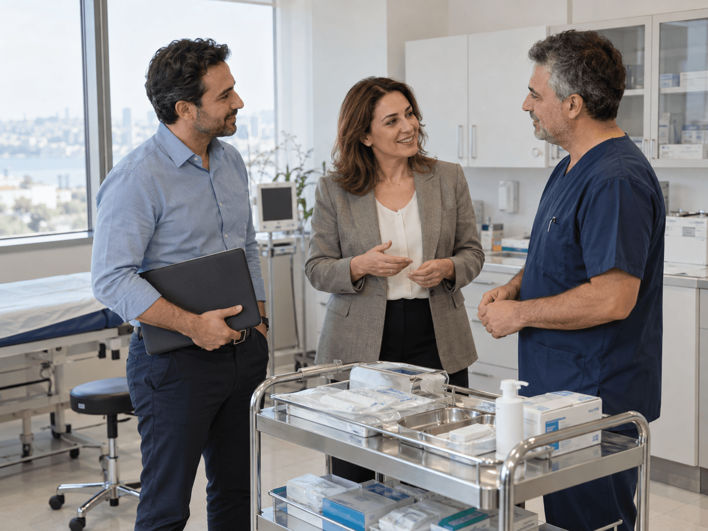 Colleagues talking with a clinician beside a medical supply cart