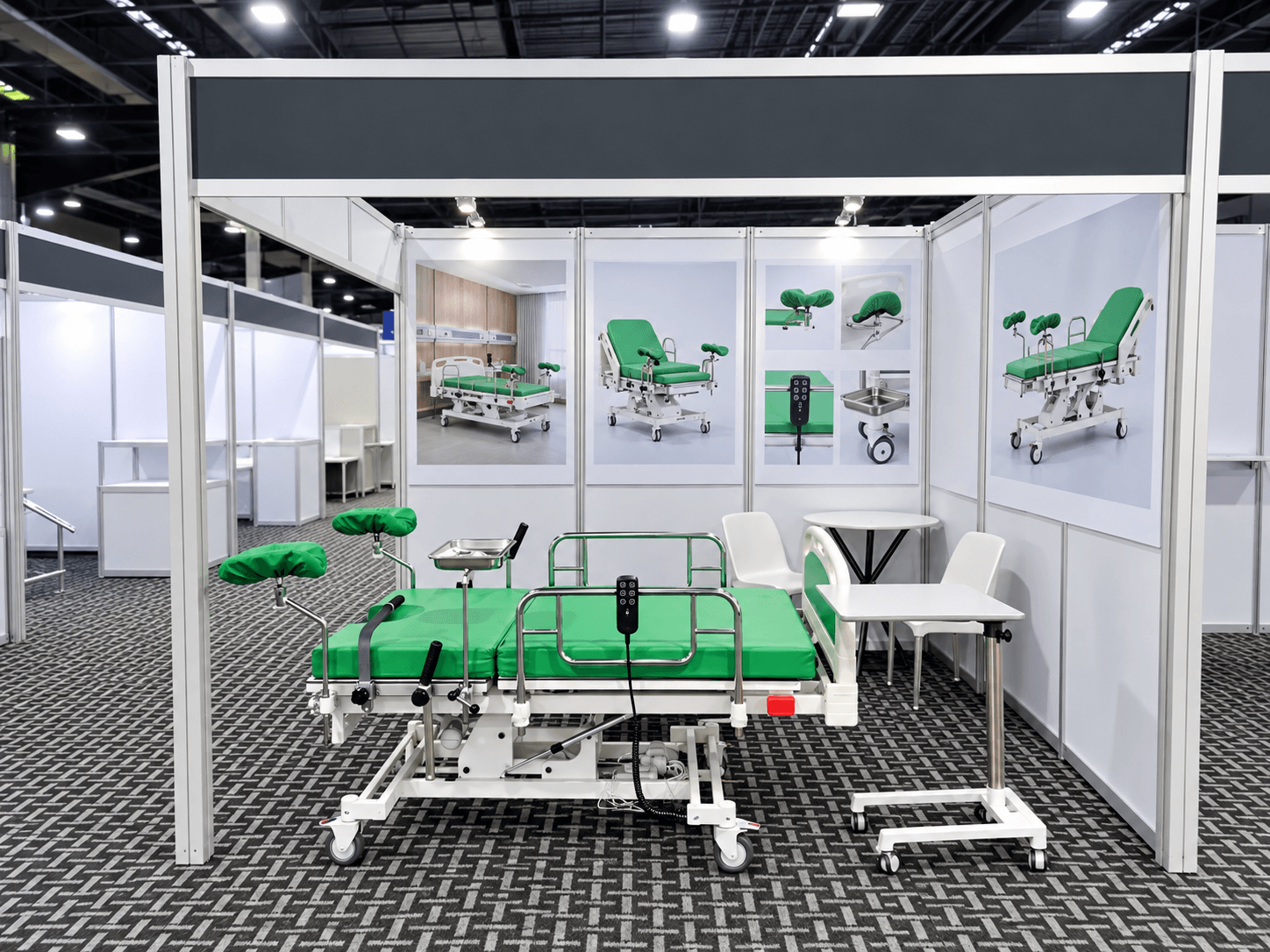 Front view of a compact booth with a green delivery bed and over-bed table.