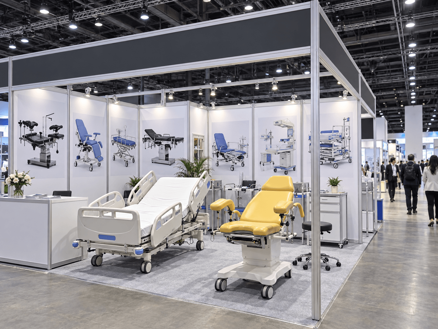 Exhibition booth displaying a hospital bed and yellow examination chair, with product panels in the background.