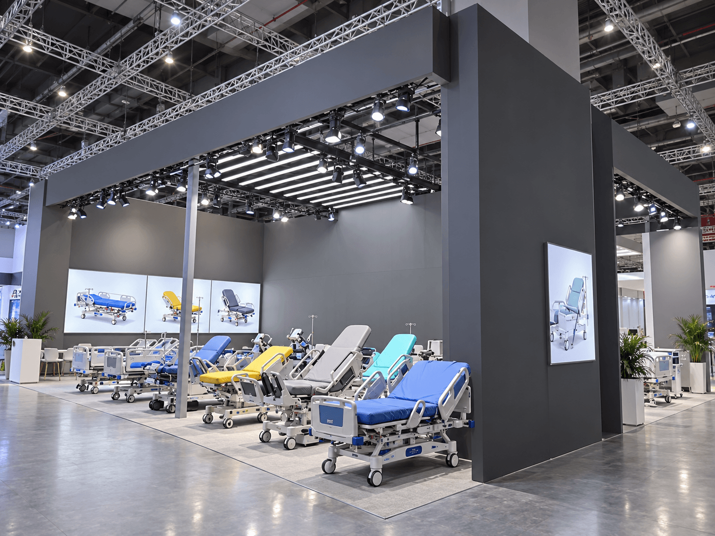 Wide corner view of a large charcoal exhibition pavilion with multiple beds and chairs.