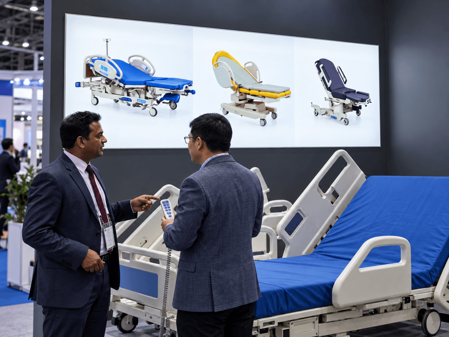 Two business visitors discussing a blue hospital bed and its controller.
