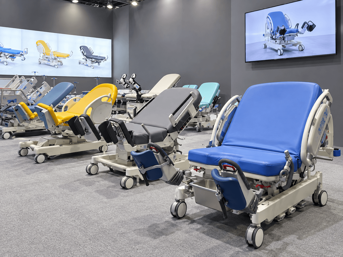 A closer view along a row of blue, gray, yellow, and teal examination and delivery chairs.