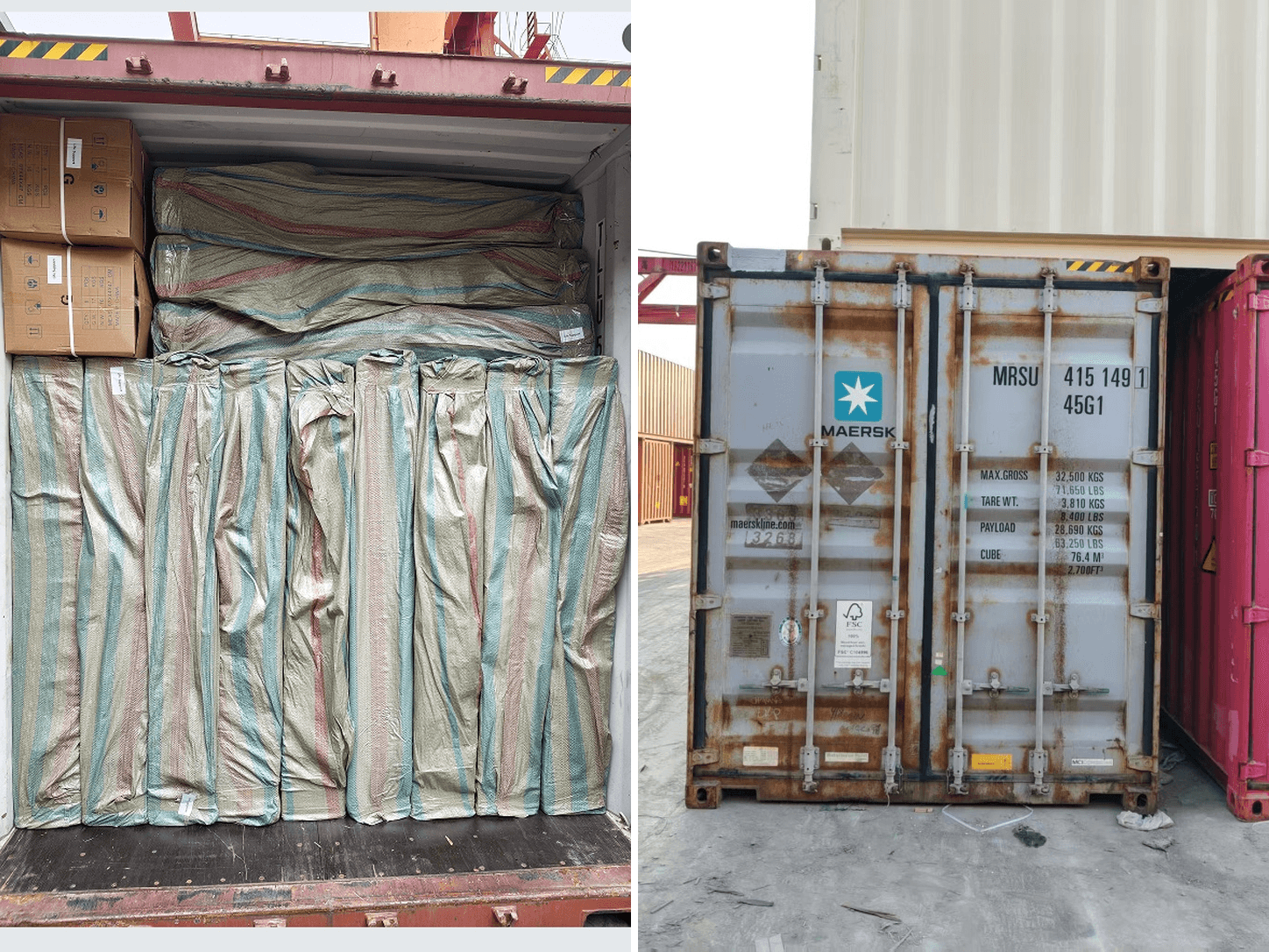 Container interior packed with heavy hospital furniture frames in protective woven wrapping alongside international ocean freight container.