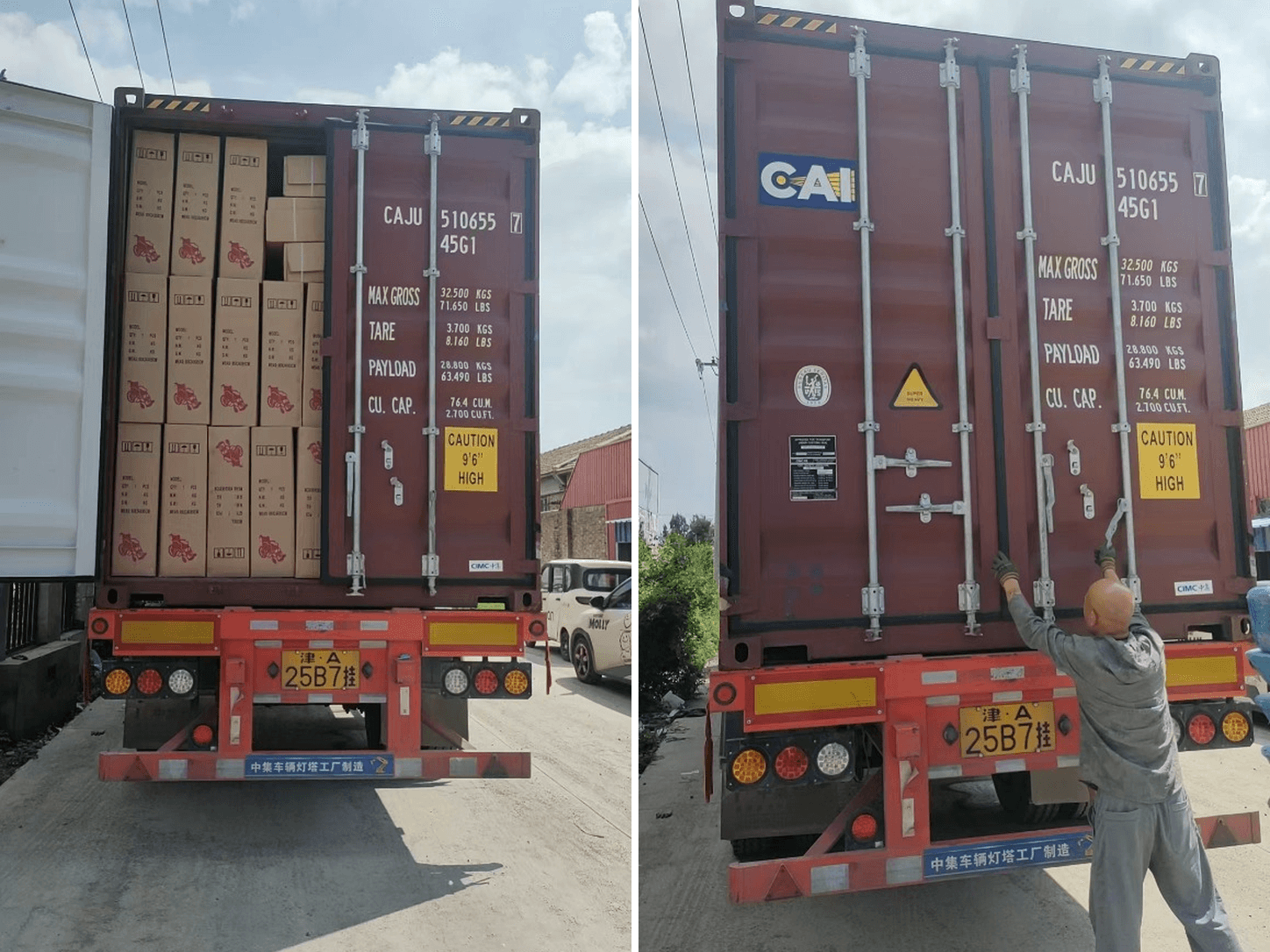 40ft High-Cube container loaded with factory-packed medical wheelchairs and mobility aids on transport chassis, sealed for transit.