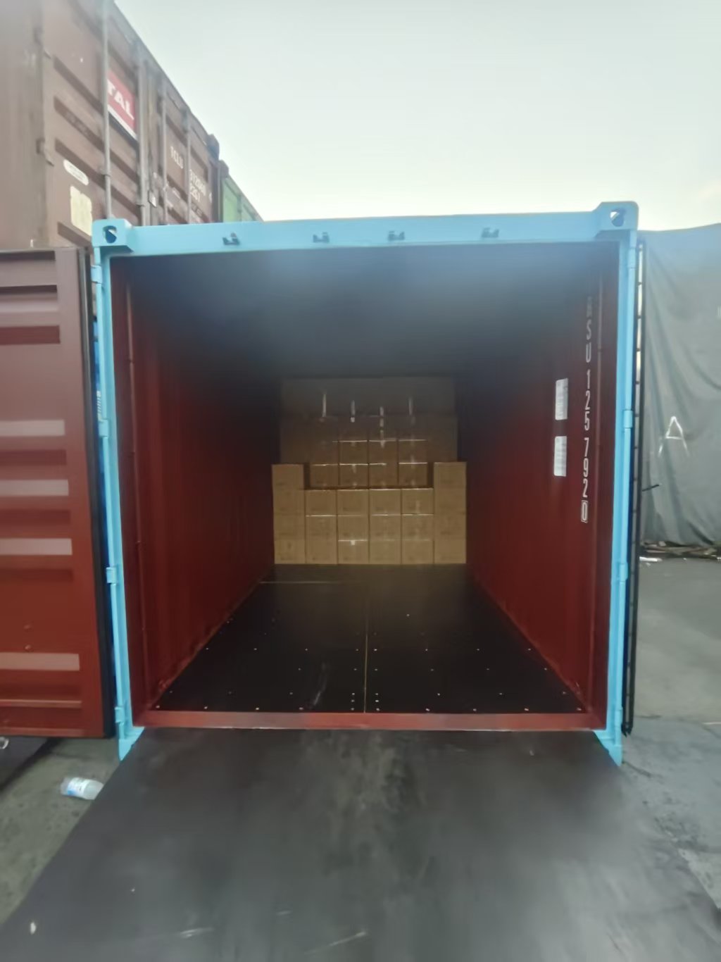 Container in the early stages of loading with the first cartons of medical supplies stacked at the rear
