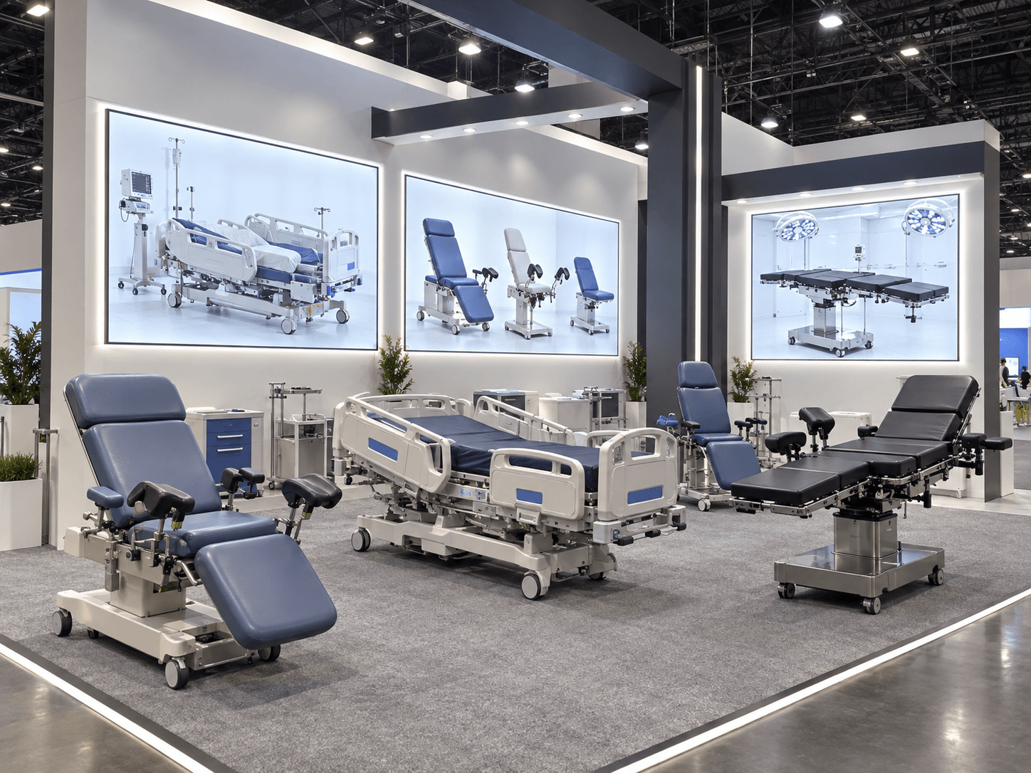 Large exhibition display featuring an ICU bed, examination chairs, and an operating table.