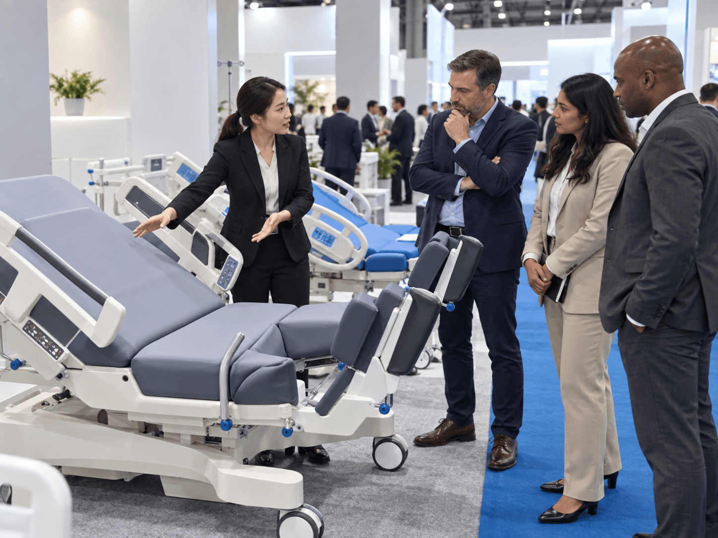 A representative demonstrating an adjustable bed to a group of visitors.